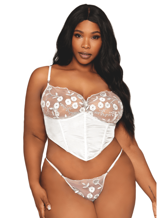 Bustier blanc avec armatures grande taille, en satin et dentelle florale - DG13262XWHT Bustier blanc avec armatures grande taille, en satin et dentelle florale - DG13262XWHT