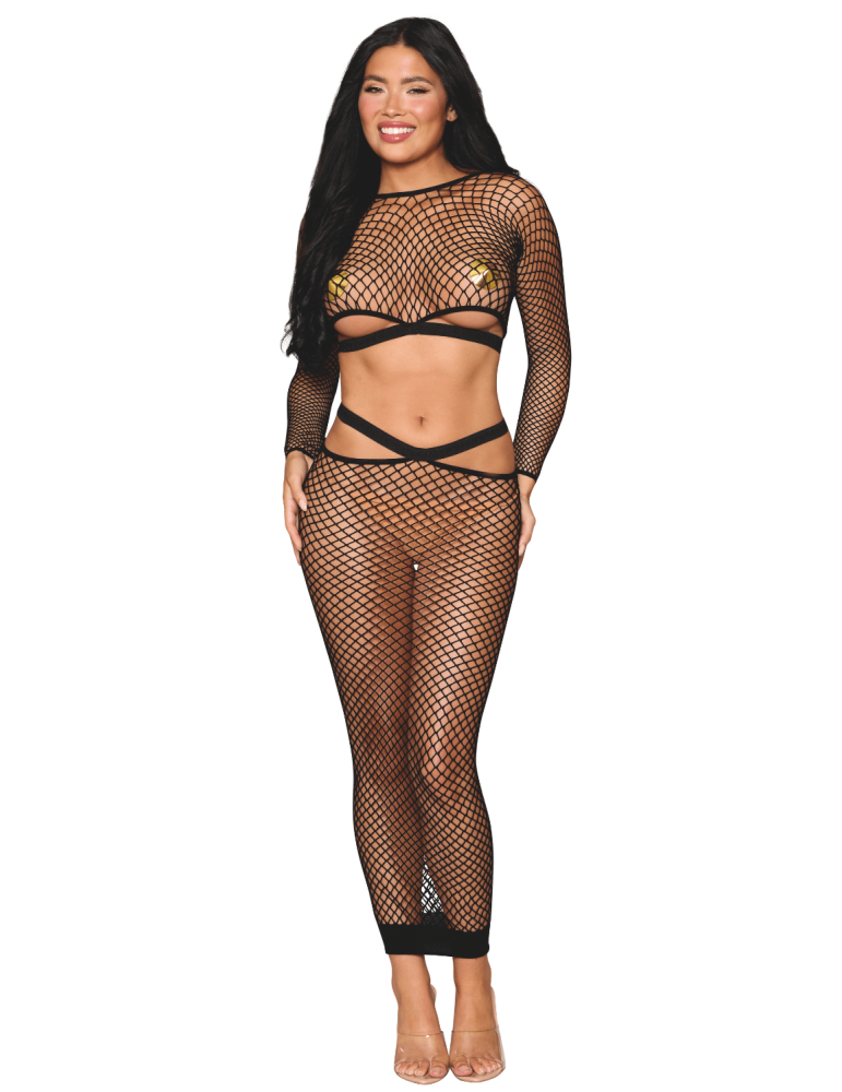 Ensemble 2 pièces top manches longues et jupe résille noire - DG0526BLK Ensemble 2 pièces top manches longues et jupe résille noire - DG0526BLK