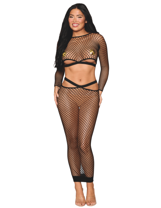 Ensemble 2 pièces top manches longues et jupe résille noire - DG0526BLK Ensemble 2 pièces top manches longues et jupe résille noire - DG0526BLK