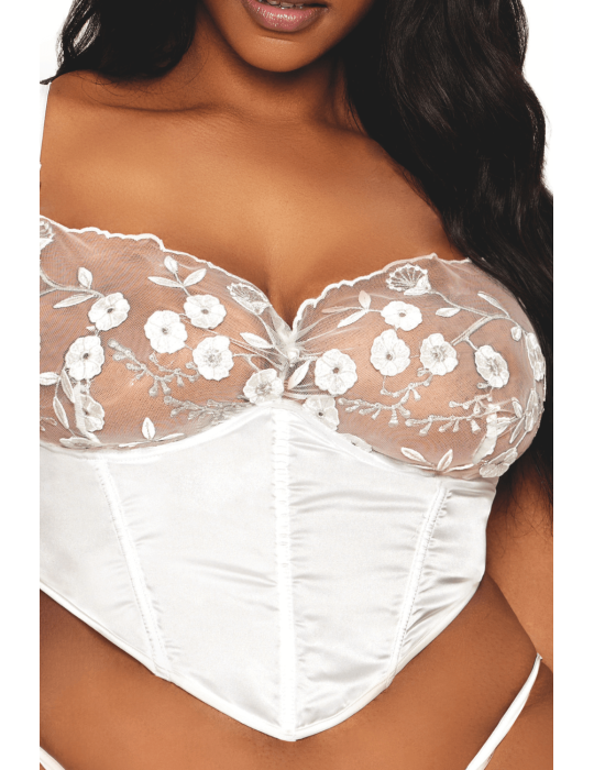 Bustier blanc avec armatures grande taille, en satin et dentelle florale - DG13262XWHT