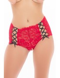 Shorty rouge en dentelle et rubans entrecroisés noir sur les côtés - REN1162-RED