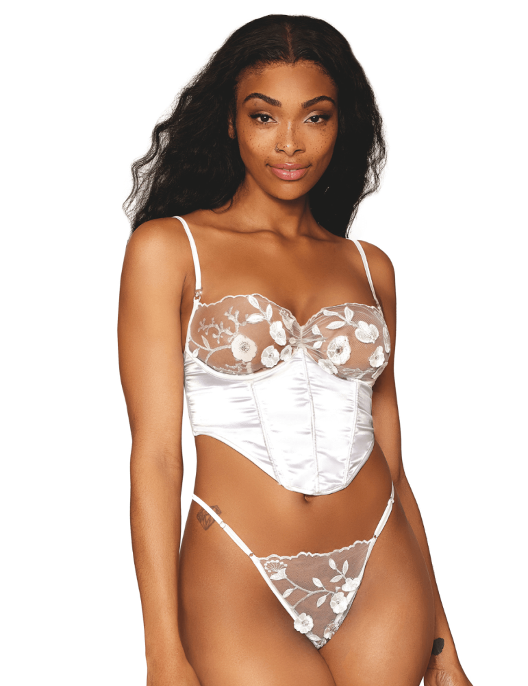 Bustier blanc avec armatures, en satin et dentelle florale - DG13262WHT Bustier blanc avec armatures, en satin et dentelle florale - DG13262WHT