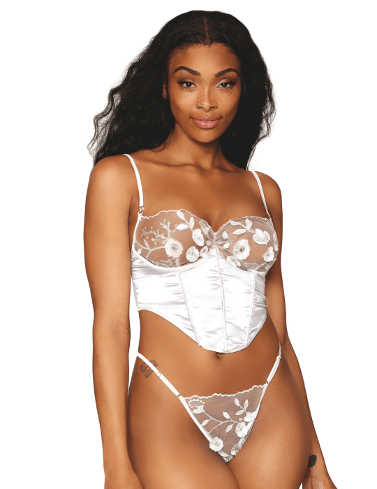 Bustier blanc avec armatures, en satin et dentelle florale - DG13262WHT Bustier blanc avec armatures, en satin et dentelle florale - DG13262WHT