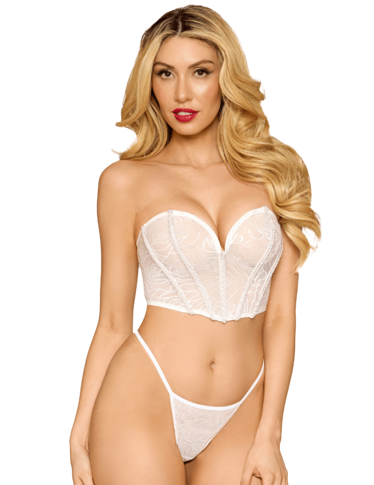 Bustier blanc avec perles et strass, bretelles transparentes amovibles - DG13669WHT Bustier blanc avec perles et strass, bretelles transparentes amovibles - DG13669WHT