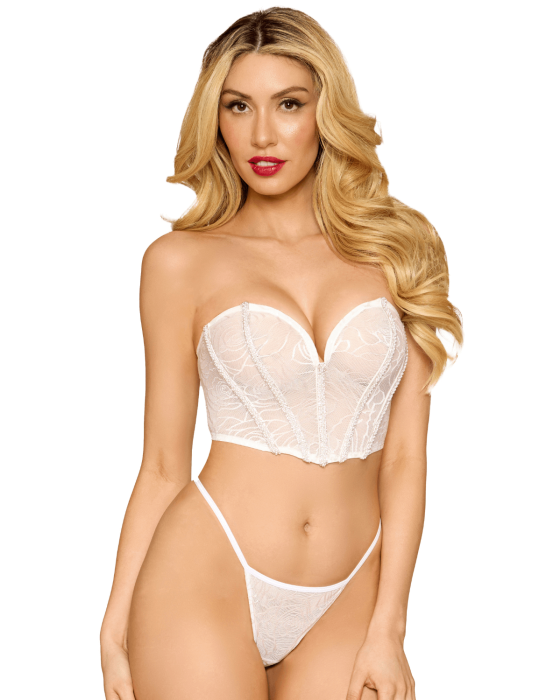 Bustier blanc avec perles et strass, bretelles transparentes amovibles - DG13669WHT Bustier blanc avec perles et strass, bretelles transparentes amovibles - DG13669WHT