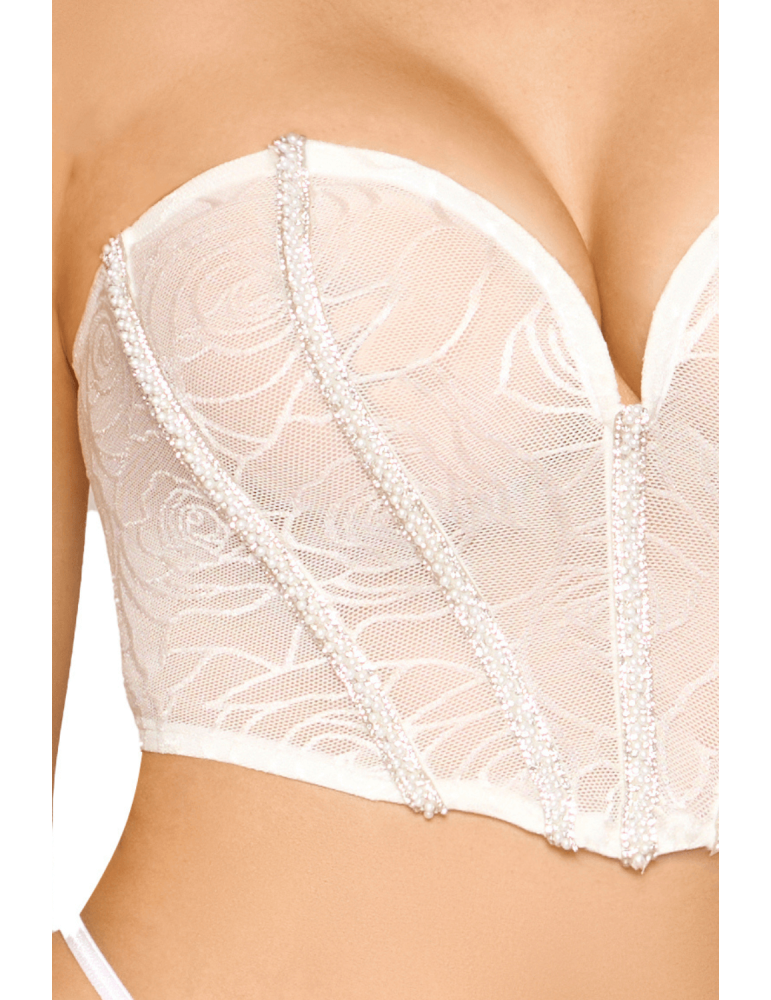 Bustier blanc avec perles et strass, bretelles transparentes amovibles - DG13669WHT