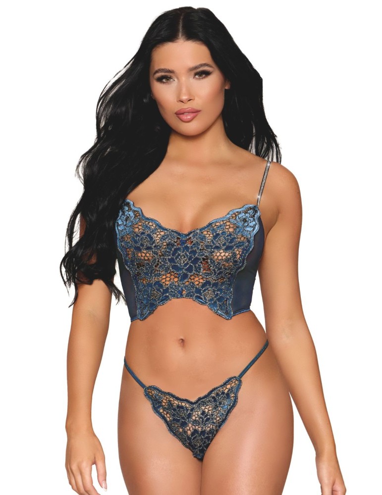 Bustier dentelle florale et résille avec strass et string assorti - DG13492BLU Bustier dentelle florale et résille avec strass et string assorti - DG13492BLU