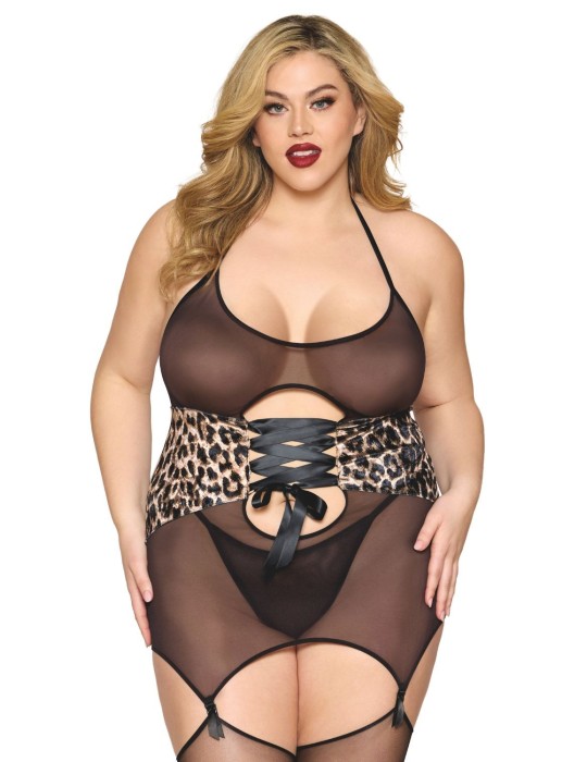 Guépière grande taille en fine résille avec serre taille à laçage et porte jarretelles - DG13520XBLK Guépière grande taille en fine résille avec serre taille à laçage et porte jarretelles - DG13520XBLK