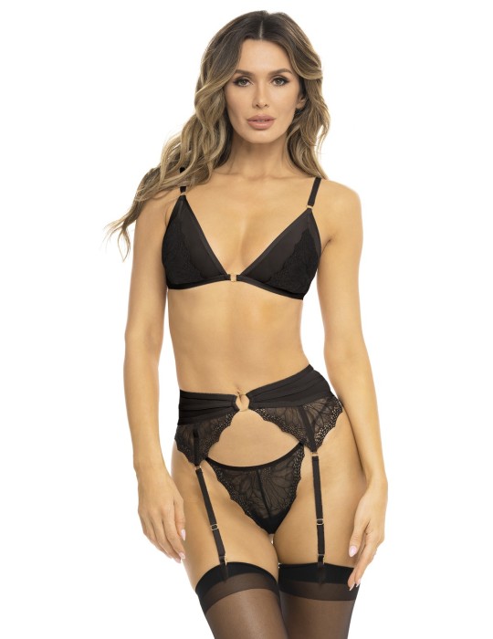 Ensemble 3 pièces noir, soutien gorge, porte jarretelles et string - REN53037-BLK Ensemble 3 pièces noir, soutien gorge, porte jarretelles et string - REN53037-BLK