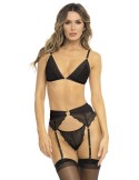 Ensemble 3 pièces noir, soutien gorge, porte jarretelles et string - REN53037-BLK