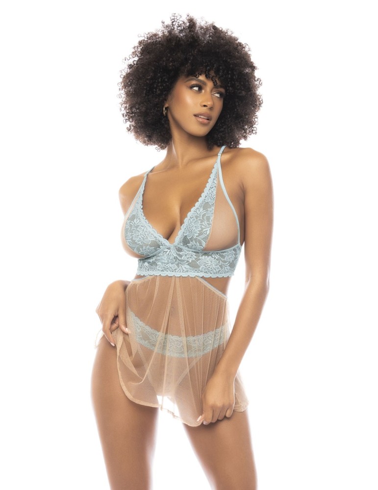 2 en 1 Nuisette et ensemble 2 pièces Abilene en dentelle et résille transparente - MAL7541LBLN