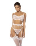 Ensemble 3 pièces blanc Emmie, soutien gorge, porte jarretelles avec fausse fourrure et string assorti - MAL8841WHT