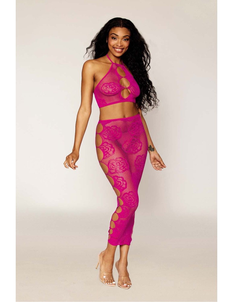 Ensemble Soutien-gorge et jupe longue en filet rose - DG0485BEE