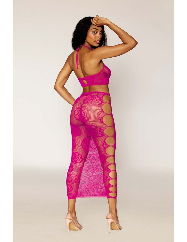 Ensemble Soutien-gorge et jupe longue en filet rose - DG0485BEE