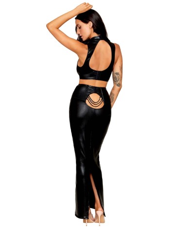 Ensemble Soutien-gorge et jupe longue noir en simili cuir - DG13198BLK 2