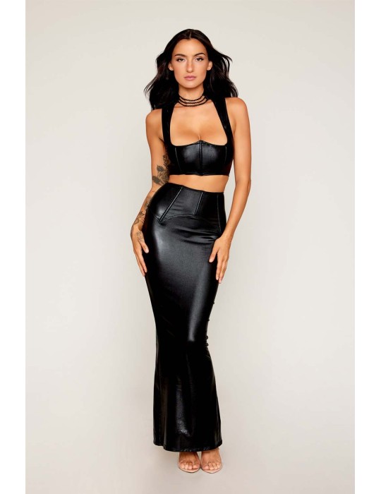 Ensemble Soutien-gorge et jupe longue noir en simili cuir - DG13198BLK