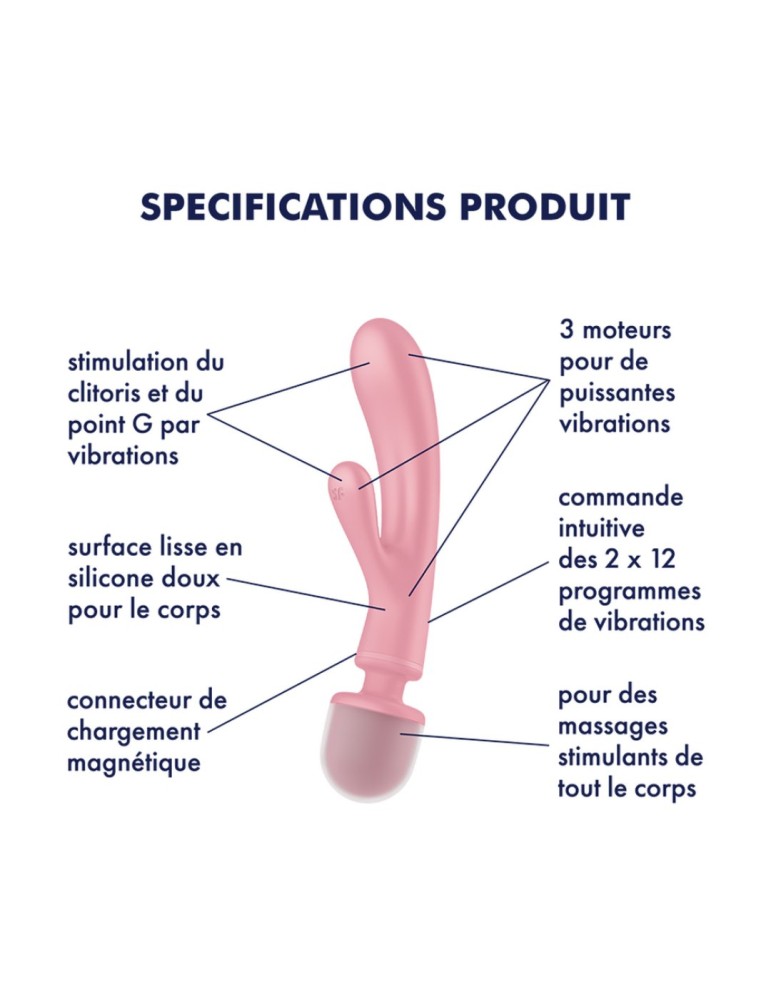 2 en 1 Vibromasseur rabbit et wand rose USB Triple Lover Satisfyer - CC597843