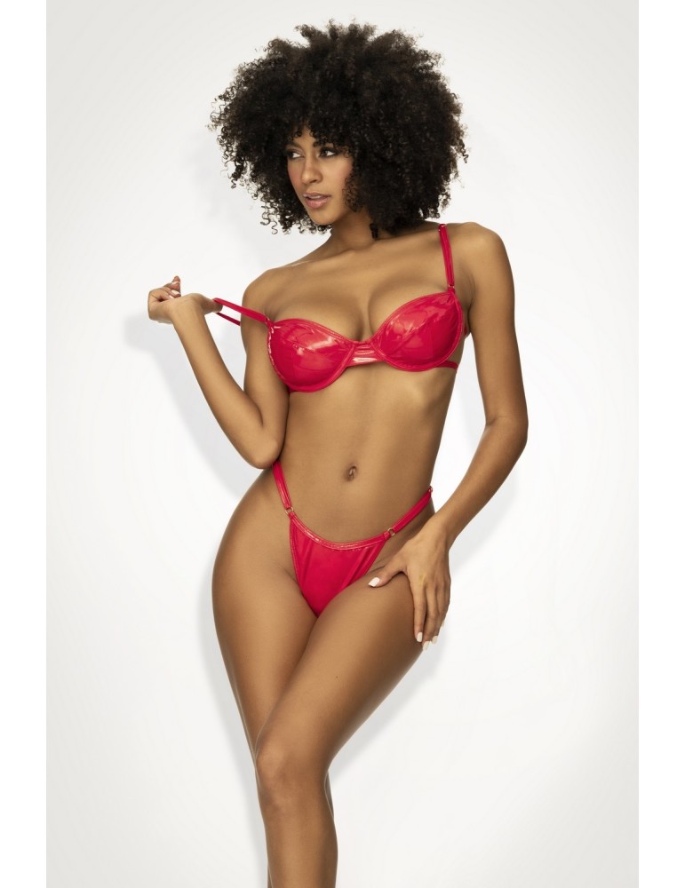 Ensemble lingerie sexy en vinyle rouge avec soutien-gorge et string - MAL2740RED