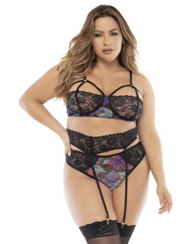Deux-en-un, nuisette et ensemble trois pièces noir, grande taille, tissu fleur exotique - MAL7496XBLK 2
