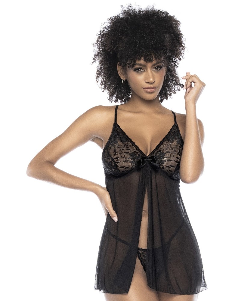 Babydoll en dentelle et résille noire ouvert sur le devant - MAL7501BLK Babydoll en dentelle et résille noire ouvert sur le devant - MAL7501BLK