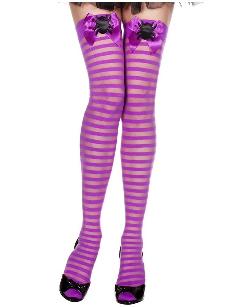 Bas rayés violet avec noeuds satinés et araignées Halloween - MH4253PUB Bas rayés violet avec noeuds satinés et araignées Halloween - MH4253PUB