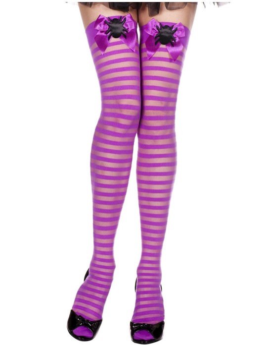 Bas rayés violet avec noeuds satinés et araignées Halloween - MH4253PUB Bas rayés violet avec noeuds satinés et araignées Halloween - MH4253PUB
