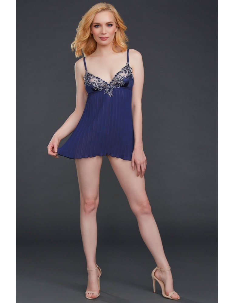 Nuisette plissée bleue avec broderies - DG11465MID
