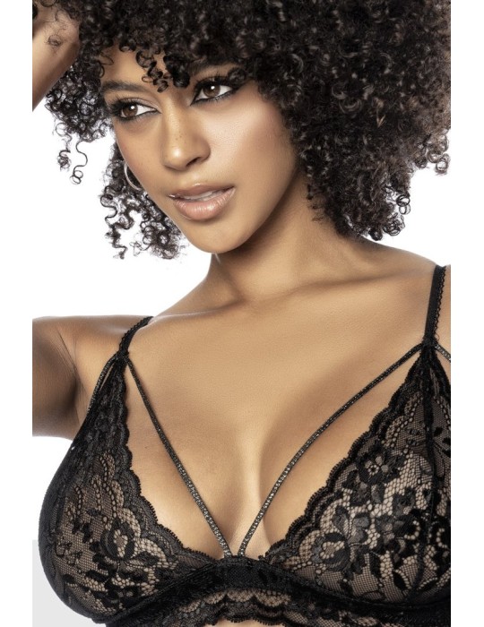 Ensemble 3 pièces en fine dentelle florale noire - MAL8798BLK