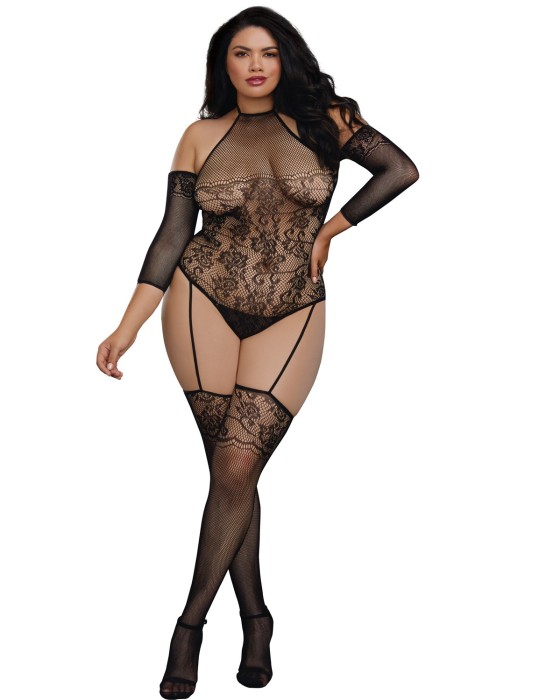 Bodystocking grande taille résille effet bas jarretelles - DG0310XBLK Bodystocking grande taille résille effet bas jarretelles - DG0310XBLK